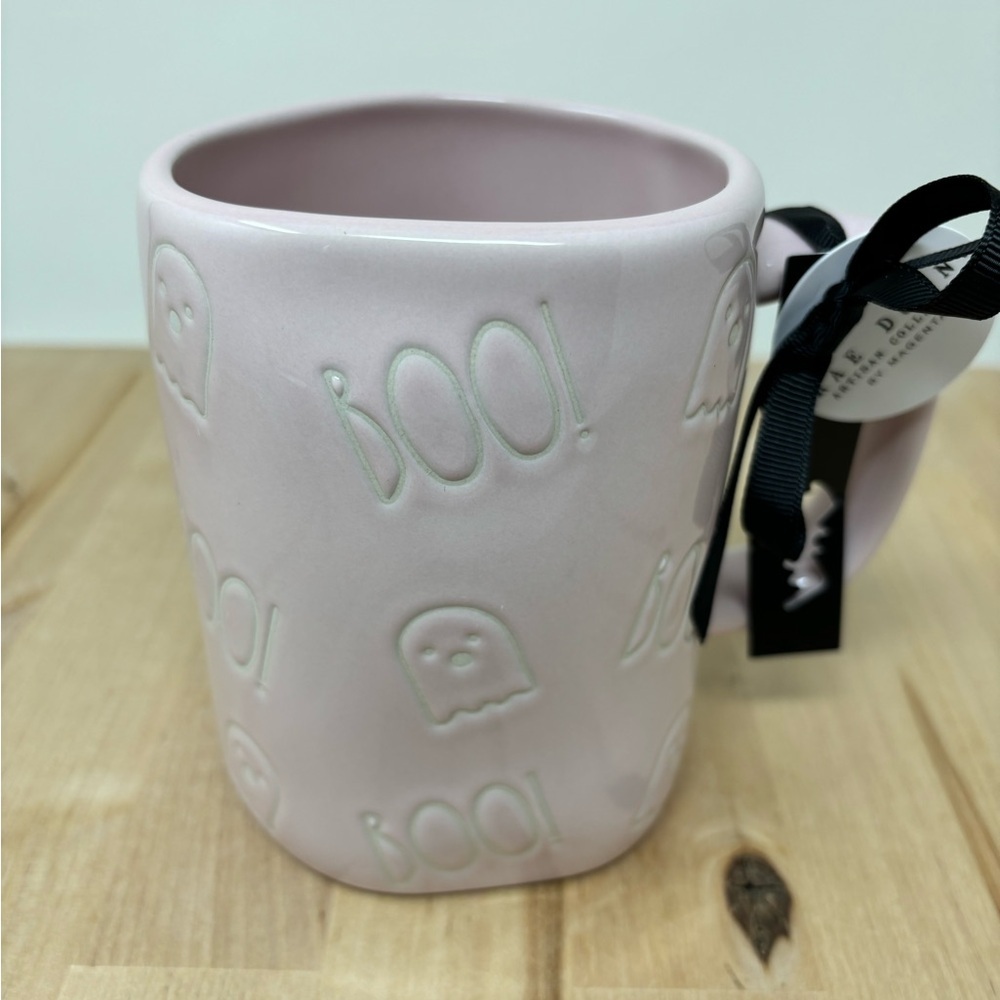 Rae Dunn Halloween BOO Mug Ghost Etched all Around Pink with White Lettering New